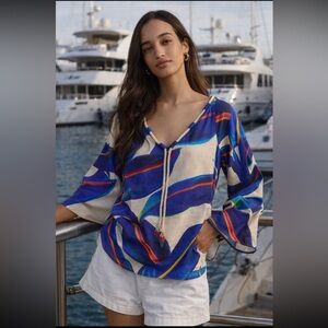 🎉RARE🎉Farm Rio Anthropologie NWT Farm Rio Long-Sleeve Rope-Tie Linen Blouse XS.